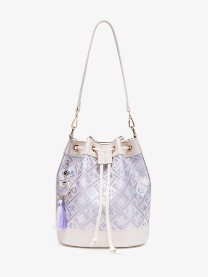 Gentle Oriental Brocade Vegan Eco-Leather Bucket Clutch Bag with Tassel Charm