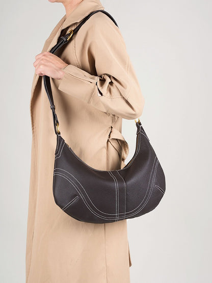 The Pebbled Genuine Leather Hobo Shoulder Bag with Contrast Stitching