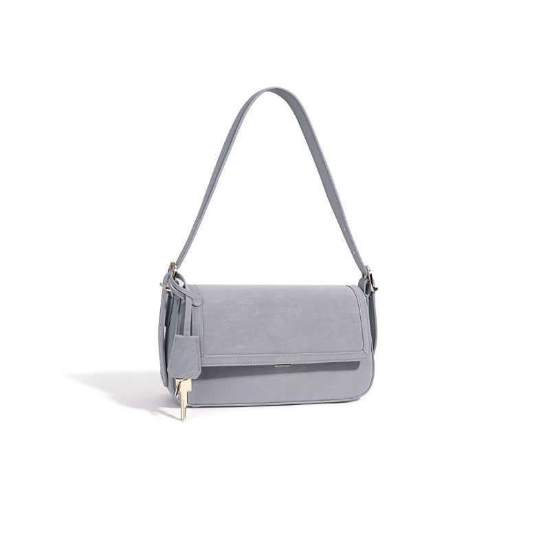 Refined Genuine Leather Shoulder Clutch Bag with Key Charm