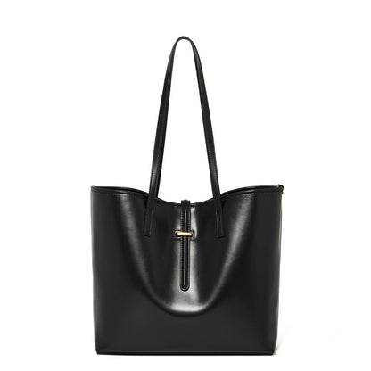Set di ampie borse tote semplici in vera pelle, minimaliste, da spalla