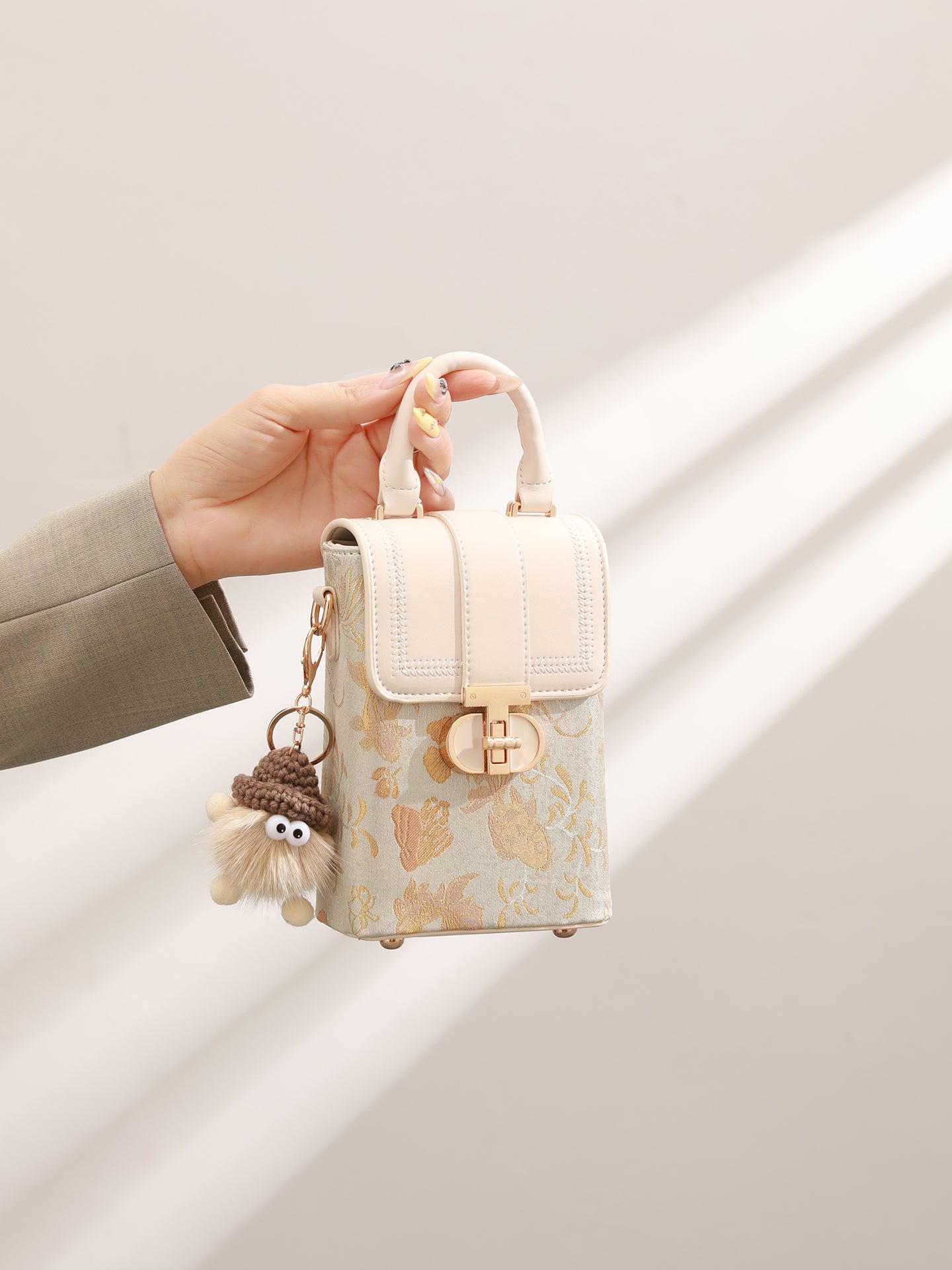 Elegant Oriental Jacquard Mini Flap Phone Clutch Bag with Furry Charm