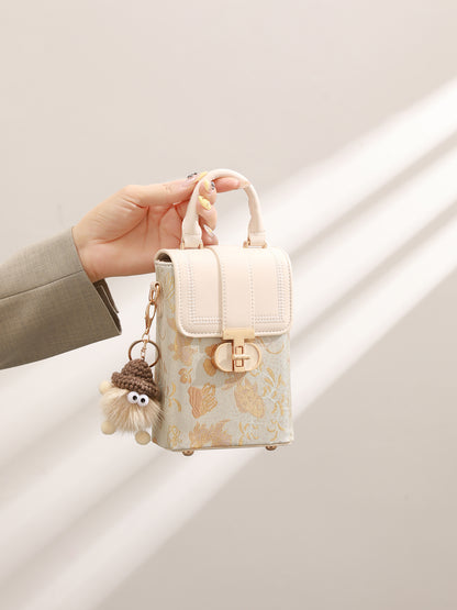 Elegant Oriental Jacquard Mini Flap Phone Clutch Bag with Furry Charm