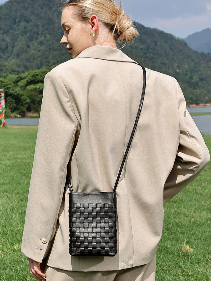 Mellow Sheepskin Leather Mini Woven Phone Clutch Bag