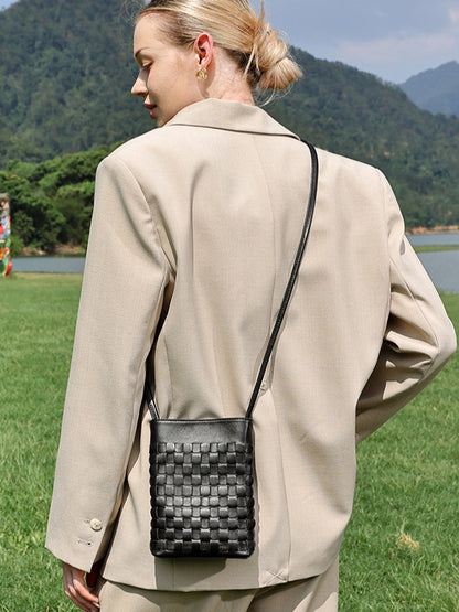 Mellow Sheepskin Leather Mini Woven Phone Clutch Bag