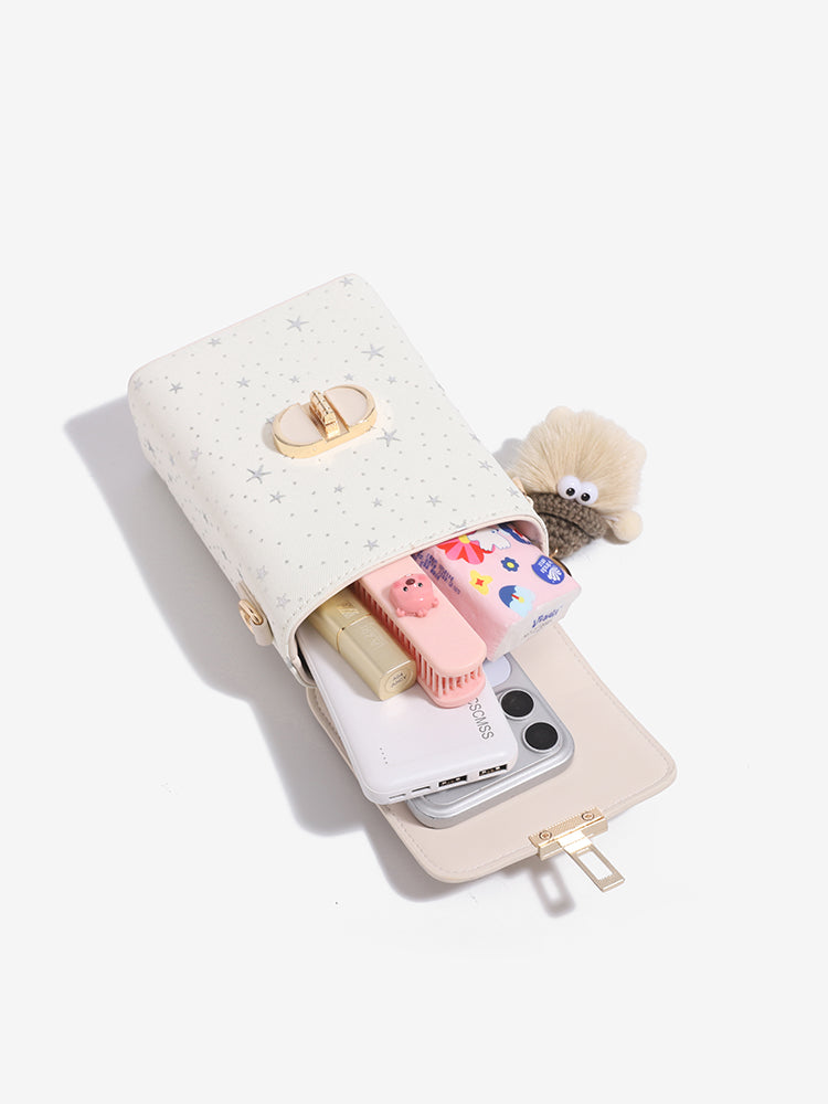 Romantic Star Vegan Eco-Leather Flap Mini Phone Handbag with Fluffy Charm
