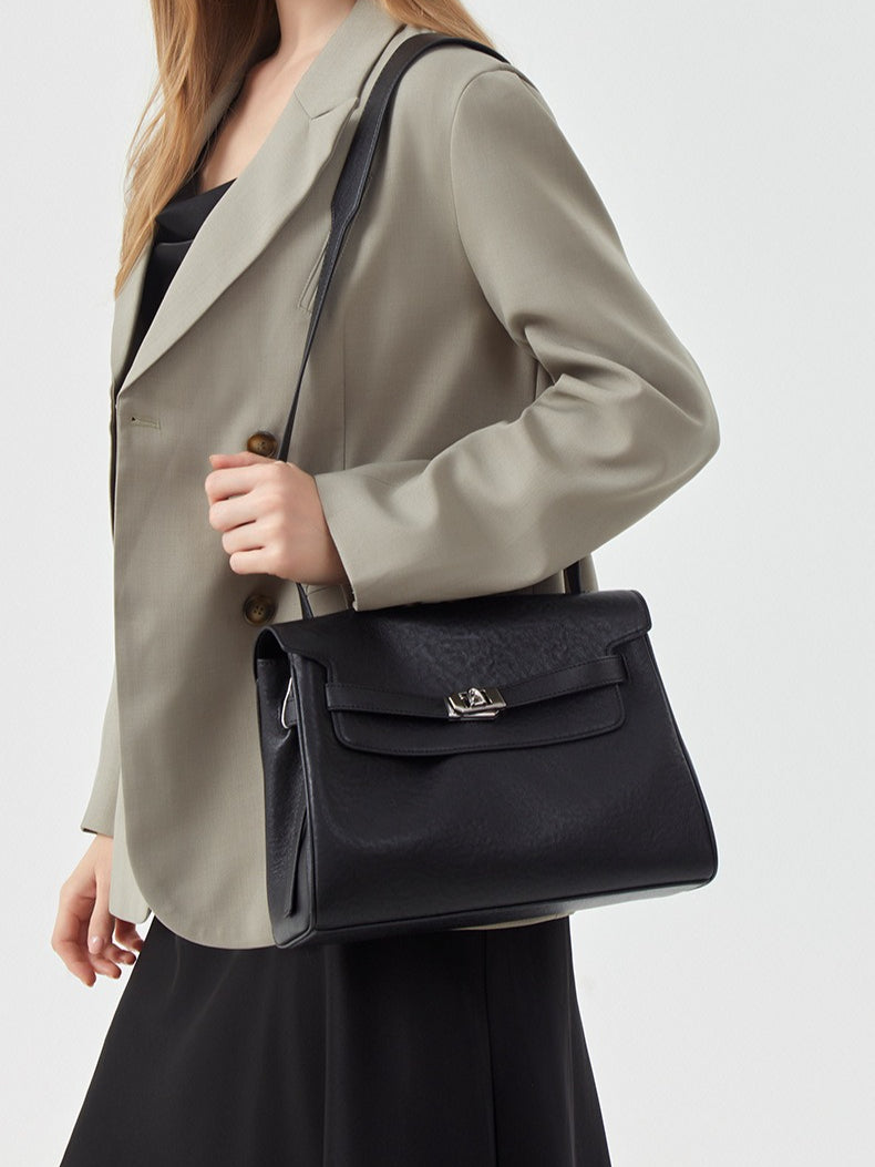 Vintage Lock-Accent Satchel Crossbody Genuine Leather Bag