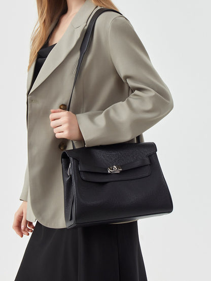 Vintage Lock-Accent Satchel Crossbody Genuine Leather Bag