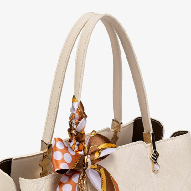 Delicate Vegan Eco-Leather Tote Clutch Bag with Silk Scarf Charm