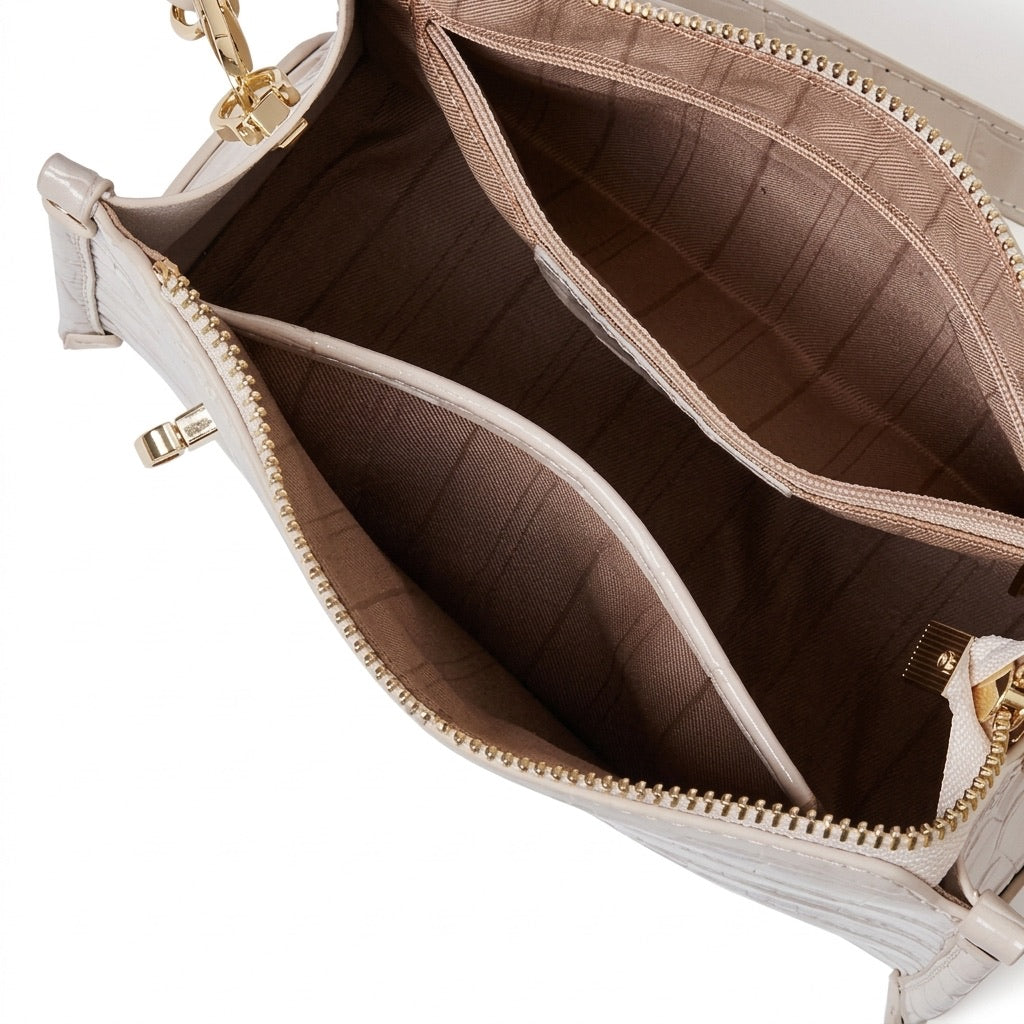 Borsa vintage a spalla e tracolla con manico in vera pelle effetto coccodrillo lucido