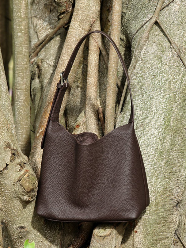 Versatile Genuine Leather Hobo Bucket Bag with Adjustable Shoulder Strap