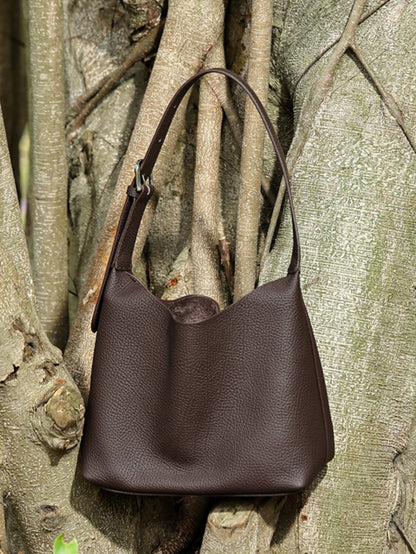 Versatile Genuine Leather Hobo Bucket Bag with Adjustable Shoulder Strap