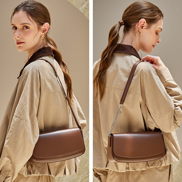 Minimalist Vintage Genuine Leather Baguette Saddle Bag
