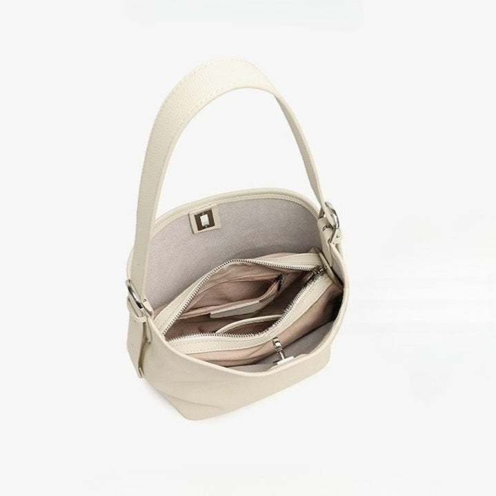 Sculpted Genuine Leather Medium Bucket Bag with Clean Linear Topstitching