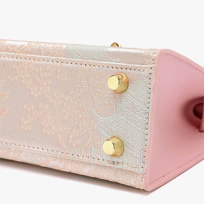 Elegant Oriental Brocade Genuine Leather Kelly Clutch Bag with Charm