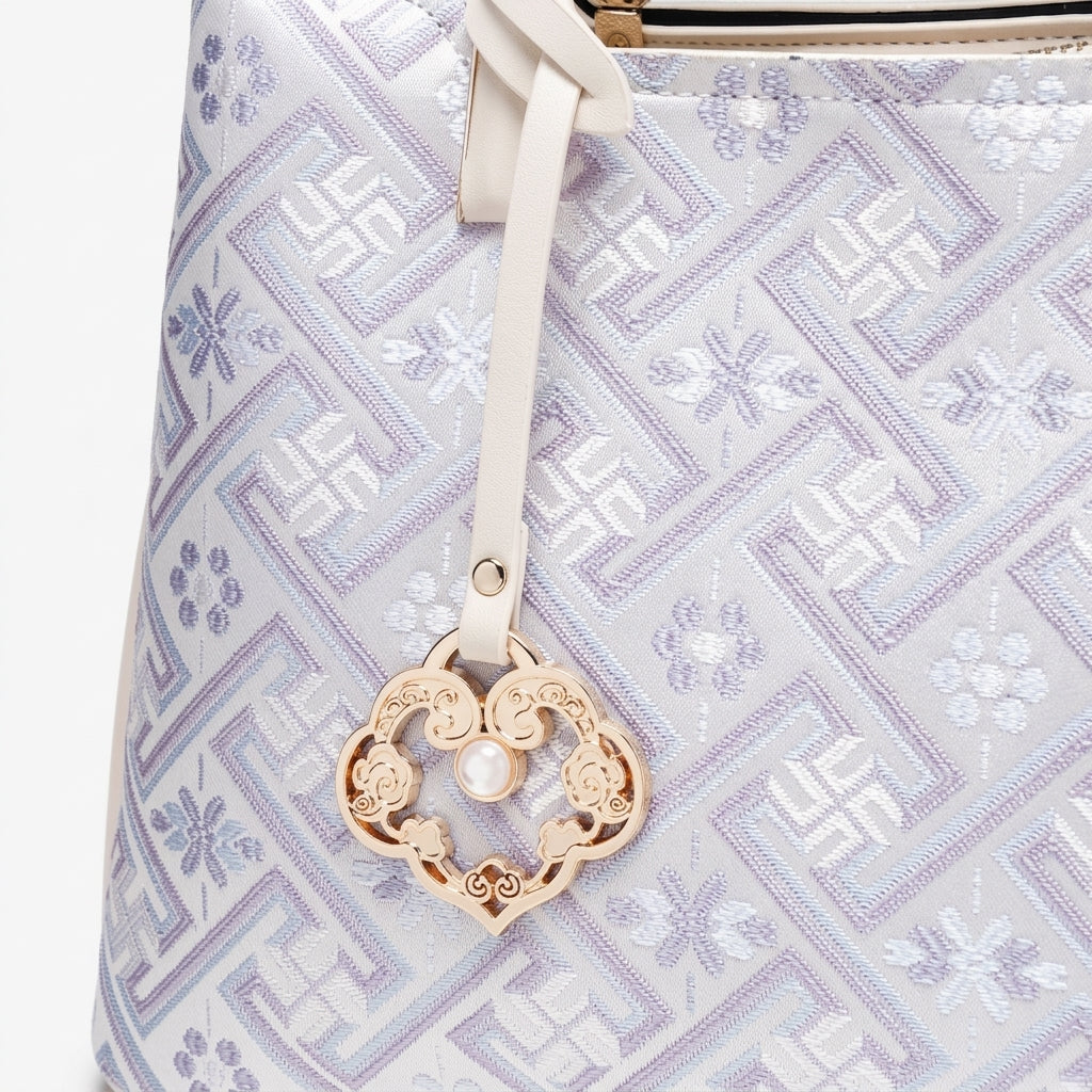Classic Brocade Vegan Eco-Leather Mini Tote Clutch Bag with Hollow Charm