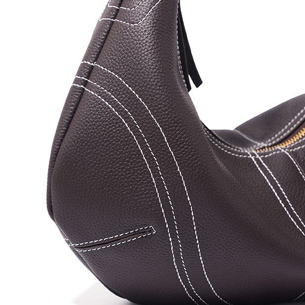 The Pebbled Genuine Leather Hobo Shoulder Bag with Contrast Stitching