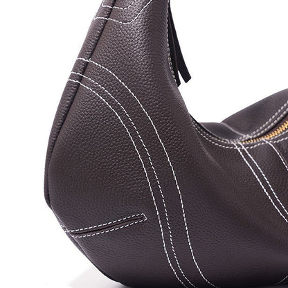 The Pebbled Genuine Leather Hobo Shoulder Bag with Contrast Stitching