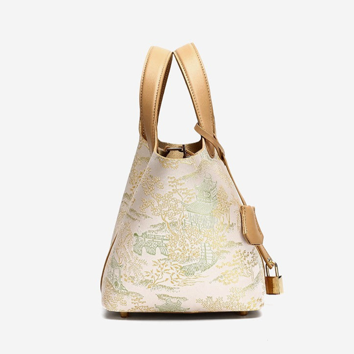 Serene Oriental Garden Genuine Leather Bucket Clutch Bag with Charm