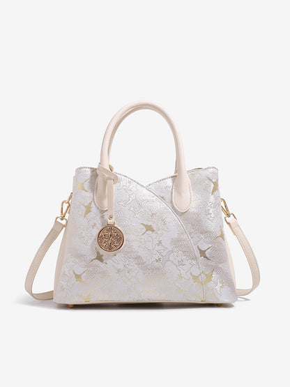 Elegant Flying Crane Motif Vegan Eco-Leather Tote Clutch Bag with Hollow Metal Charm