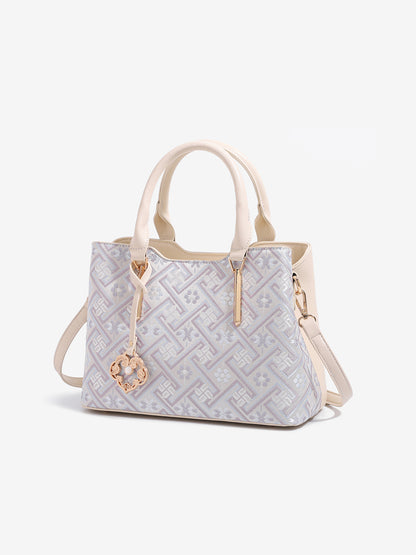 Elegant Jacquard Pattern Vegan Eco-Leather Satchel Clutch Bag with Hollow Lock Charm
