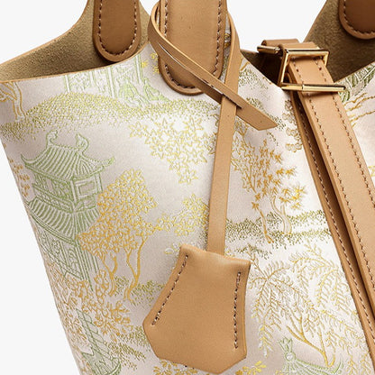 Serene Oriental Garden Genuine Leather Bucket Clutch Bag with Charm