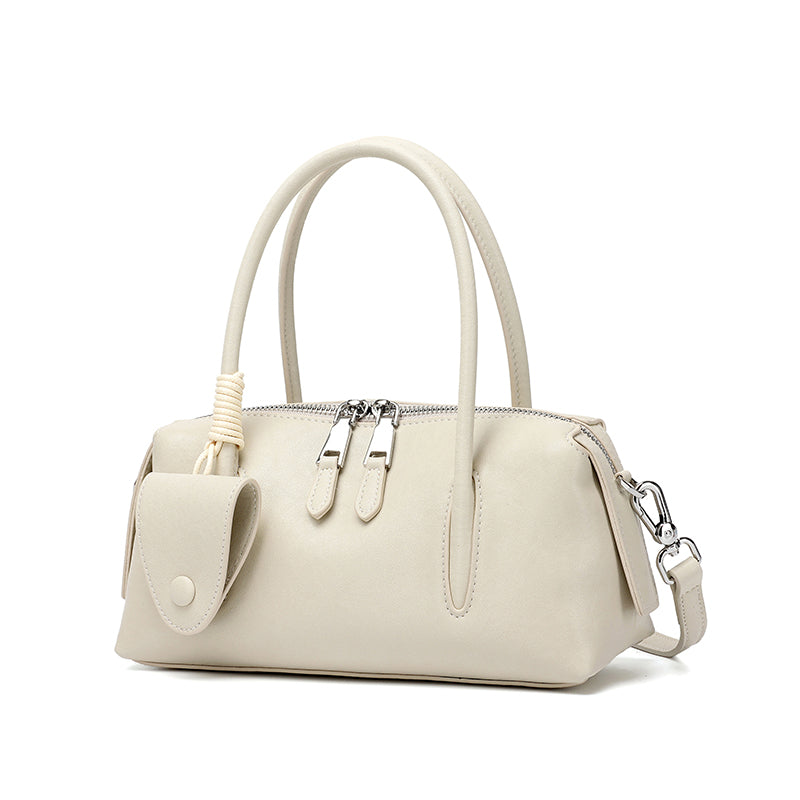 Minimalist Genuine Leather Boston Clutch Bag with Detachable Leather Tag Charm