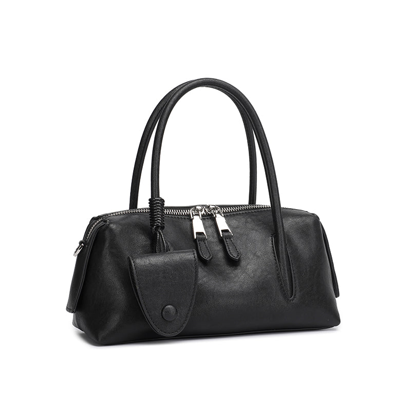 Minimalist Genuine Leather Boston Clutch Bag with Detachable Leather Tag Charm
