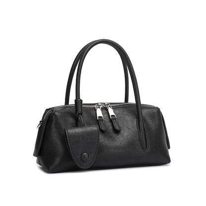 Minimalist Genuine Leather Boston Clutch Bag with Detachable Leather Tag Charm