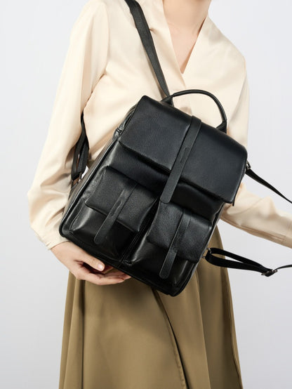 Minimalist Large Capacity Pebbled Genuine Leather Flap Backpack