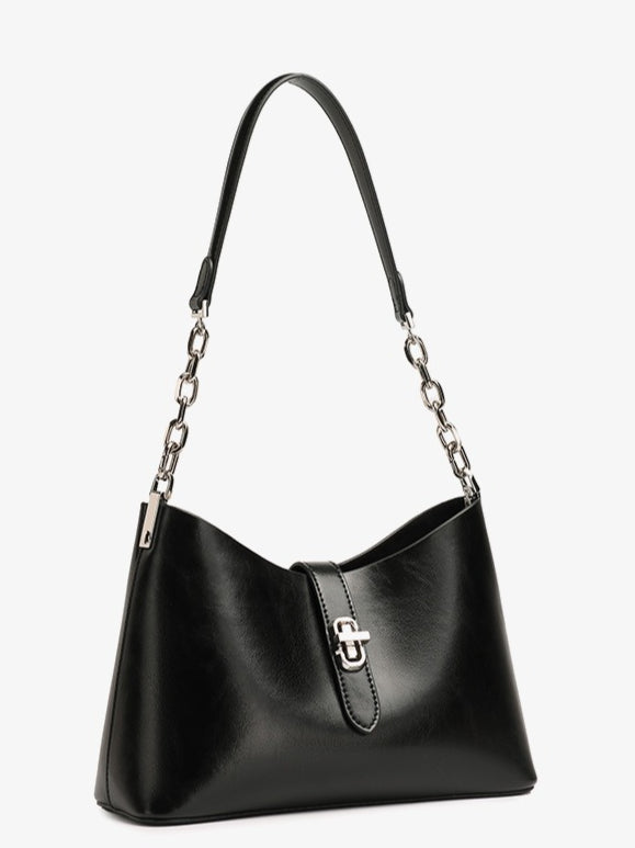 Classic Genuine Leather Underarm Bag with Metal Buckle
