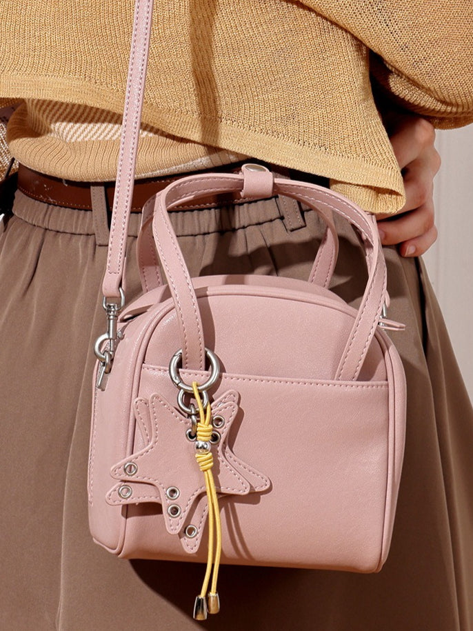Chic Petite Genuine Leather Mini Boston Clutch Bag with Playful Star Charm
