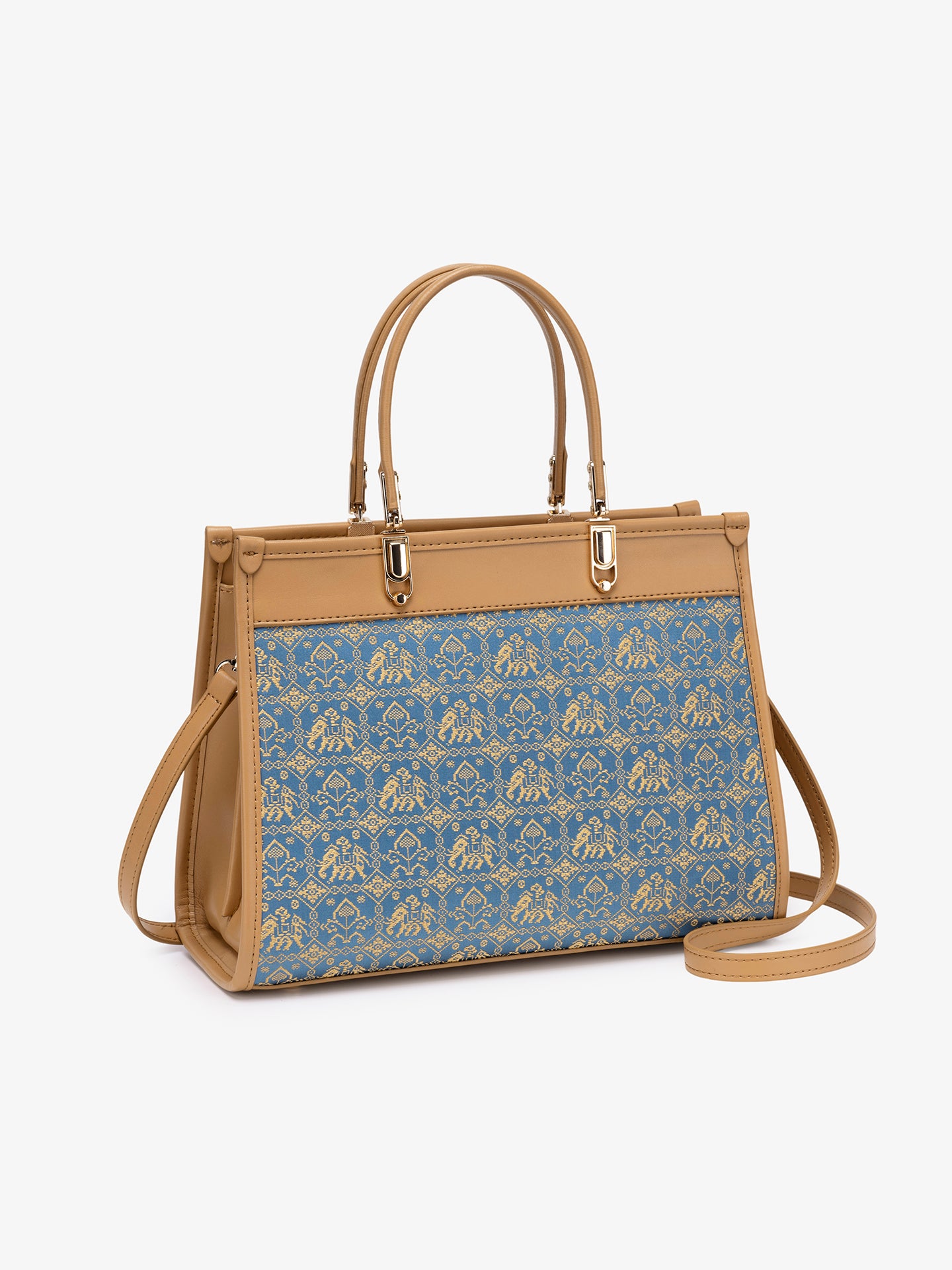 Ornate Geometric Golden Elephant Motif Vegan Eco-Leather Satchel Clutch Bag