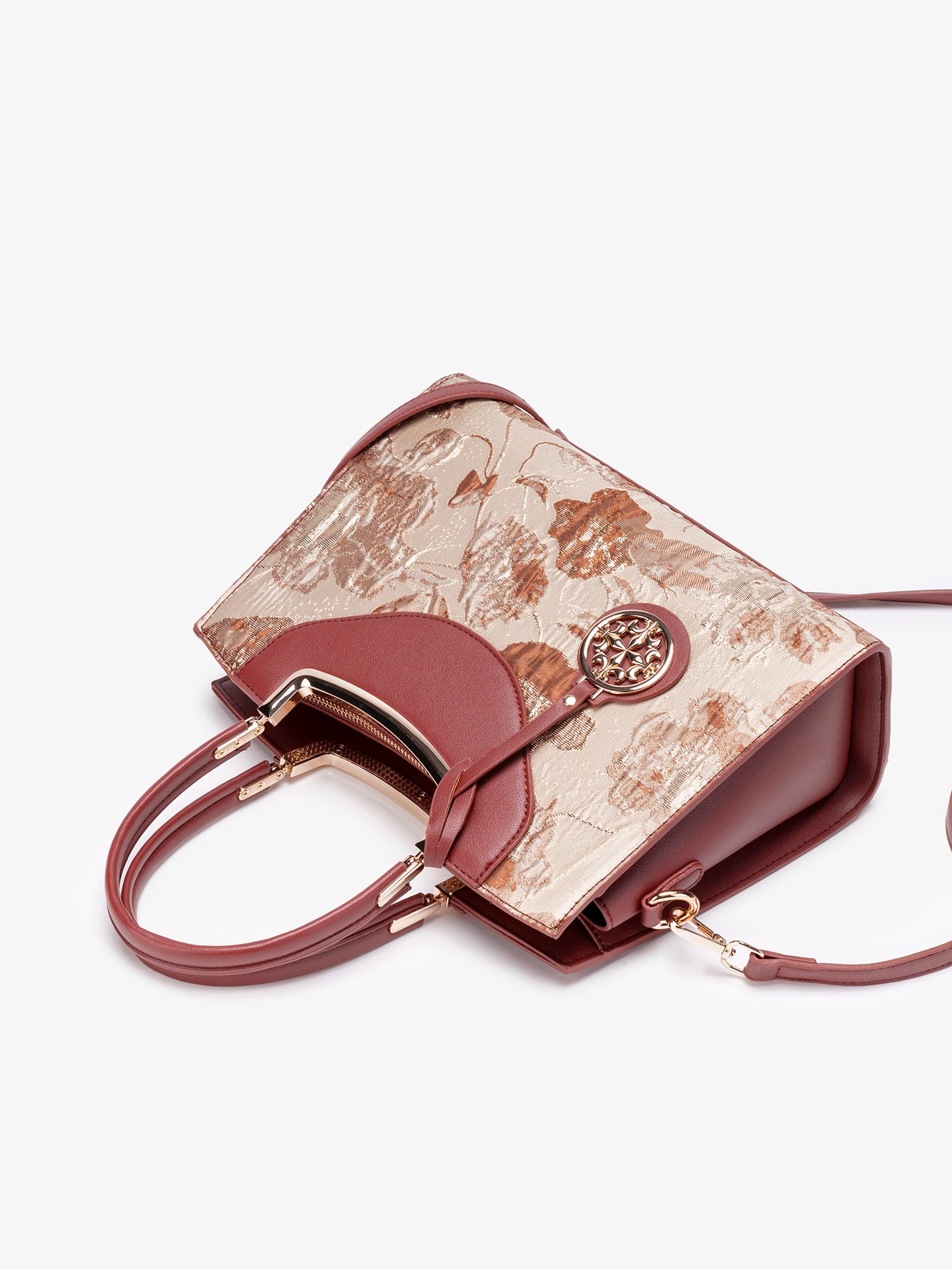 Graceful Floral Vegan Eco-Leather Clutch Bag with Round Metal Charm