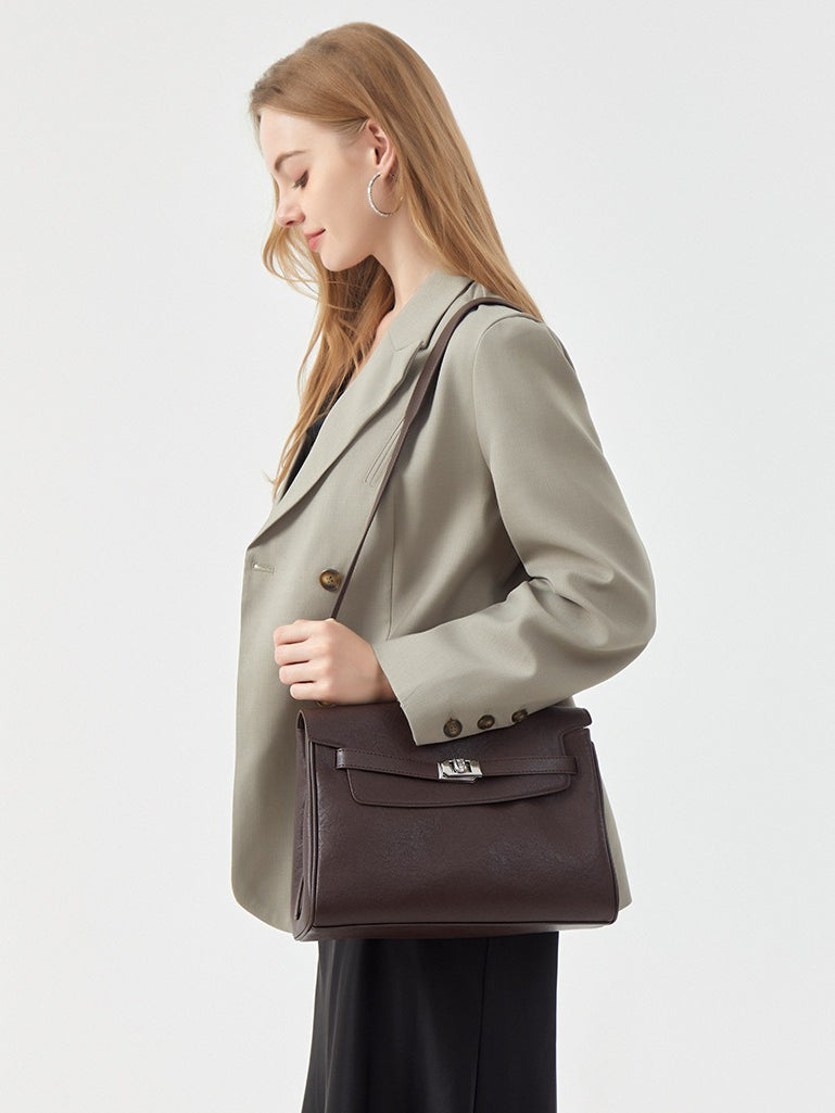 Vintage Lock-Accent Satchel Crossbody Genuine Leather Bag