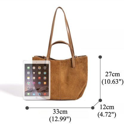 Vintage Suede Genuine Leather Tote Clutch Bag with Coin Pouch