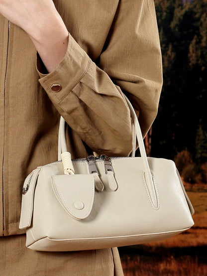 Minimalist Genuine Leather Boston Clutch Bag with Detachable Leather Tag Charm