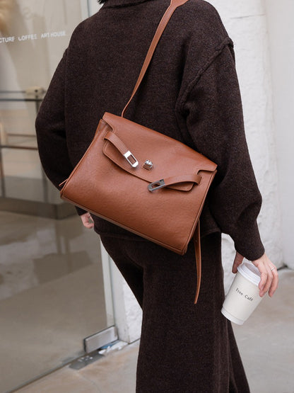 Vintage Lock-Accent Satchel Crossbody Genuine Leather Bag