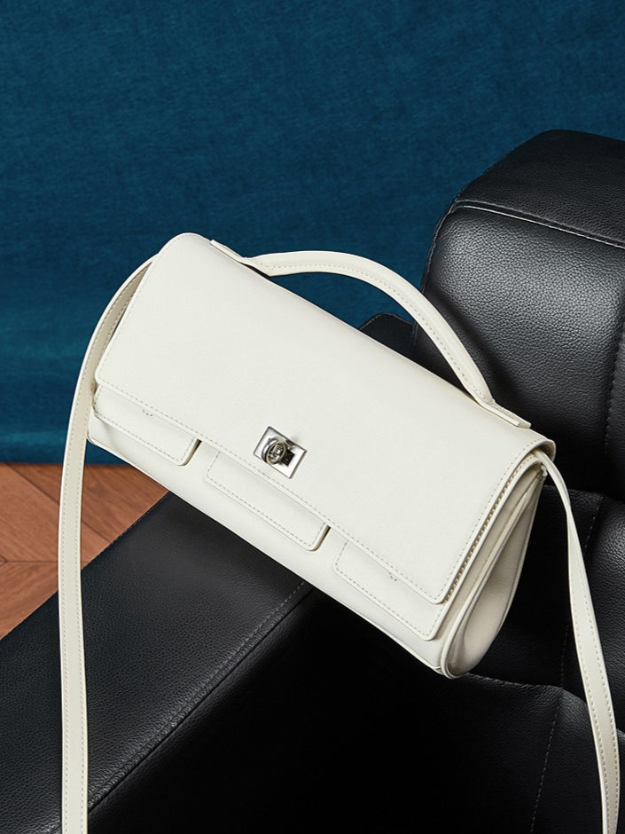 The Linear Turn-Lock Genuine Leather Bag | Minimalist East-West Handbag