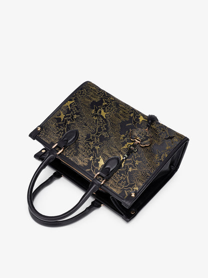 Mystic Crane Motif Vegan Eco-Leather Satchel Clutch Bag