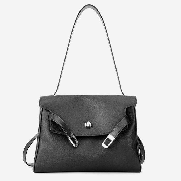 Vintage Lock-Accent Satchel Crossbody Genuine Leather Bag