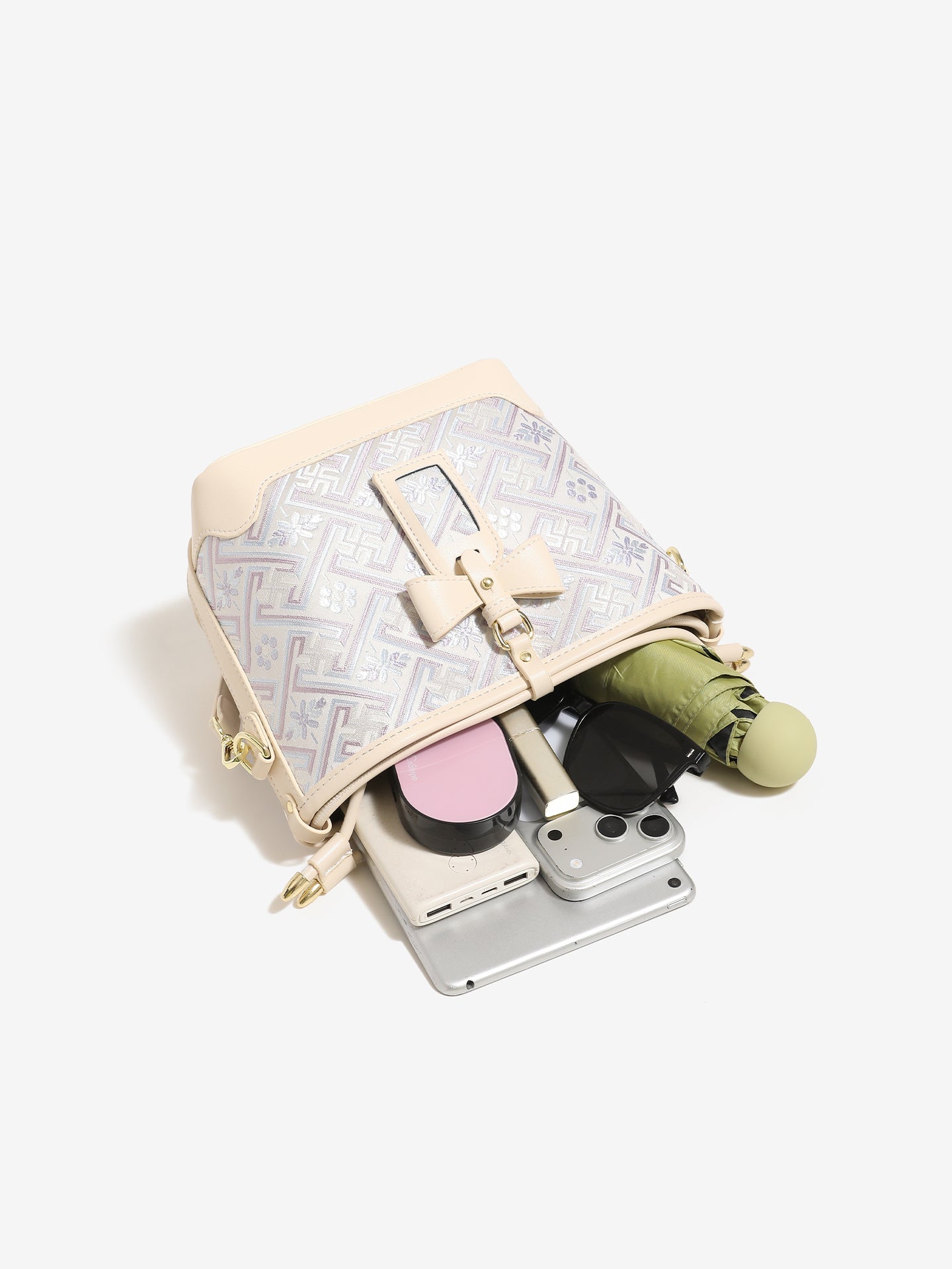 Delicate Geometric Vegan Eco-Leather Petite Bucket Clutch Bag with Bow Knot Charm