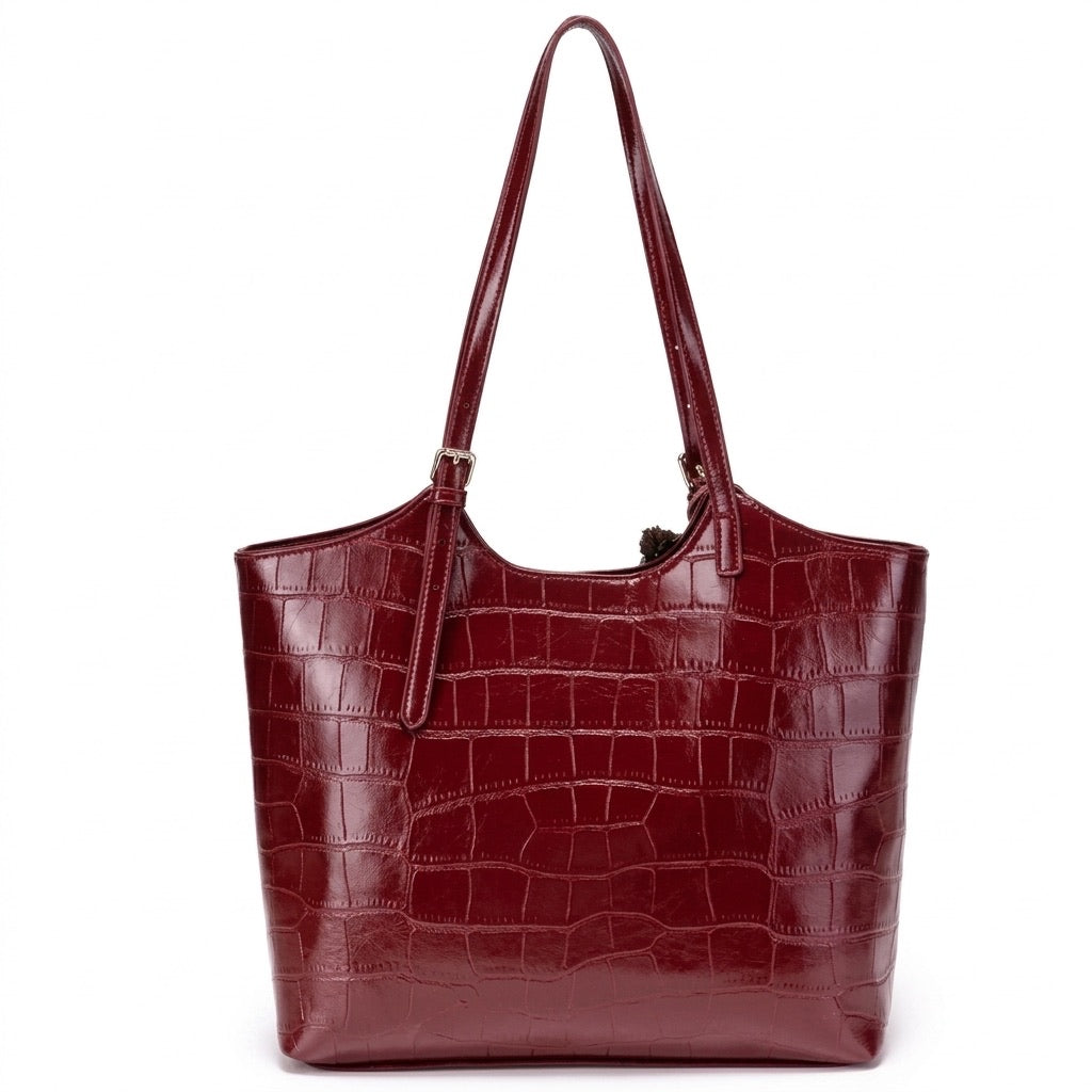 Glossy Croc Vegan Eco-Leather Shoulder Tote Bag With Bear Charm