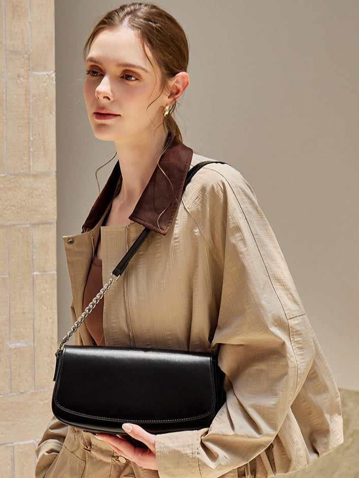 Minimalist Vintage Genuine Leather Baguette Saddle Bag