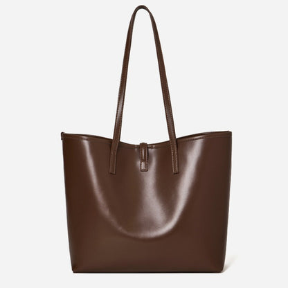 Spacious Plain Genuine Leather Tote Set Minimalist Shoulder Bag
