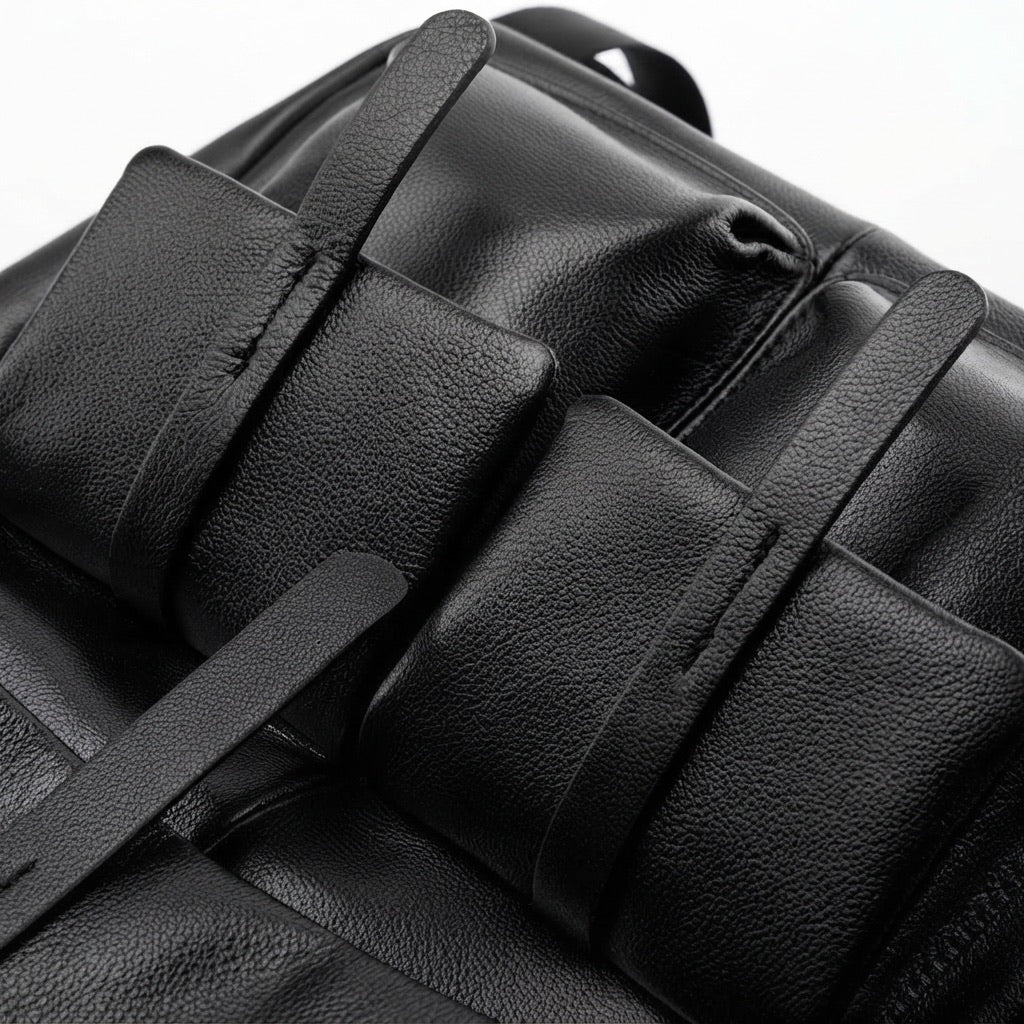 Sac à dos à rabat en cuir véritable grainé grande capacité minimaliste