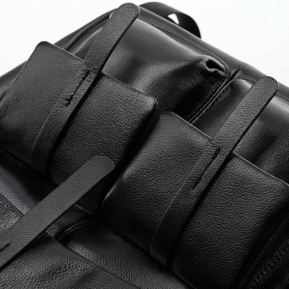 Sac à dos à rabat en cuir véritable grainé grande capacité minimaliste
