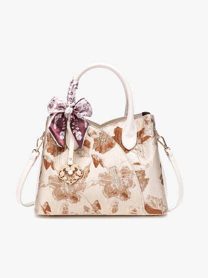 Muted Luxe Floral Jacquard Vegan Eco-Leather Clutch Bag with Silk Scarf Charm