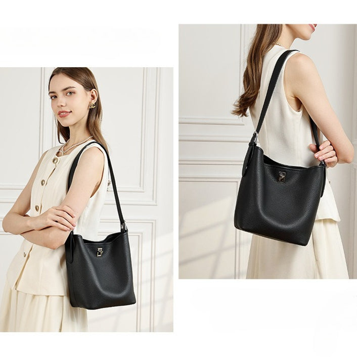 Sculpted Genuine Leather Medium Bucket Bag with Clean Linear Topstitching