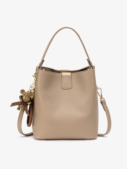 Minimalist Pebbled Vegan Eco-Leather Bucket Clutch Bag with Bear Charm