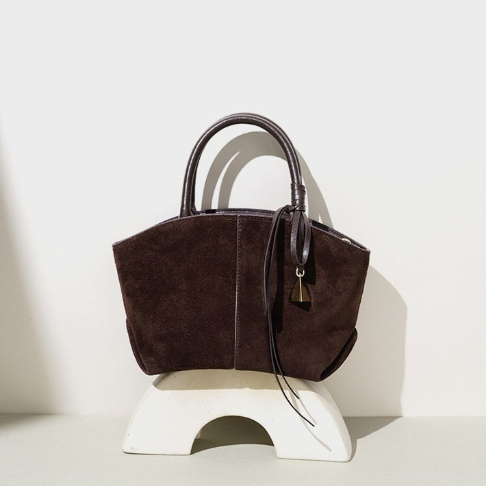 Graceful Slouchy Suede Genuine Leather Shell Tote Clutch Bag with Charm